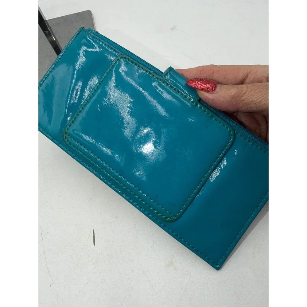 Hobo The Original Teal Patent Leather Wristlet Clutch Wallet Orange Lining